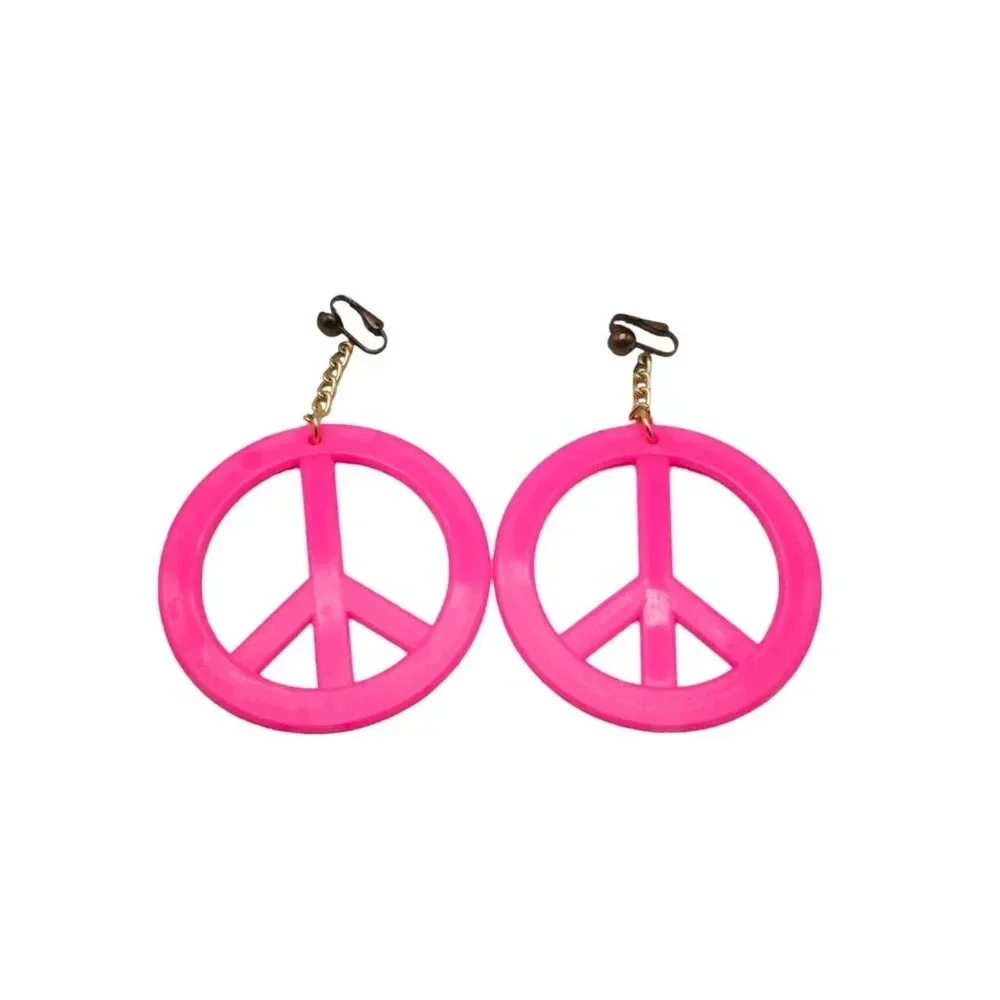 Pink Kitsch Peace Symbol Dangle Drop Earrings Gold Tone Vintage